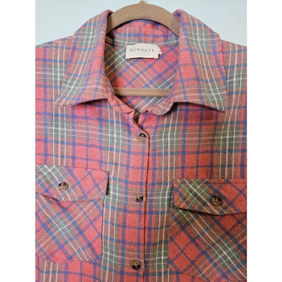 Ninexis coral, blue and gray flannel button down shacket/dress. Size S. - Picture 2 of 6